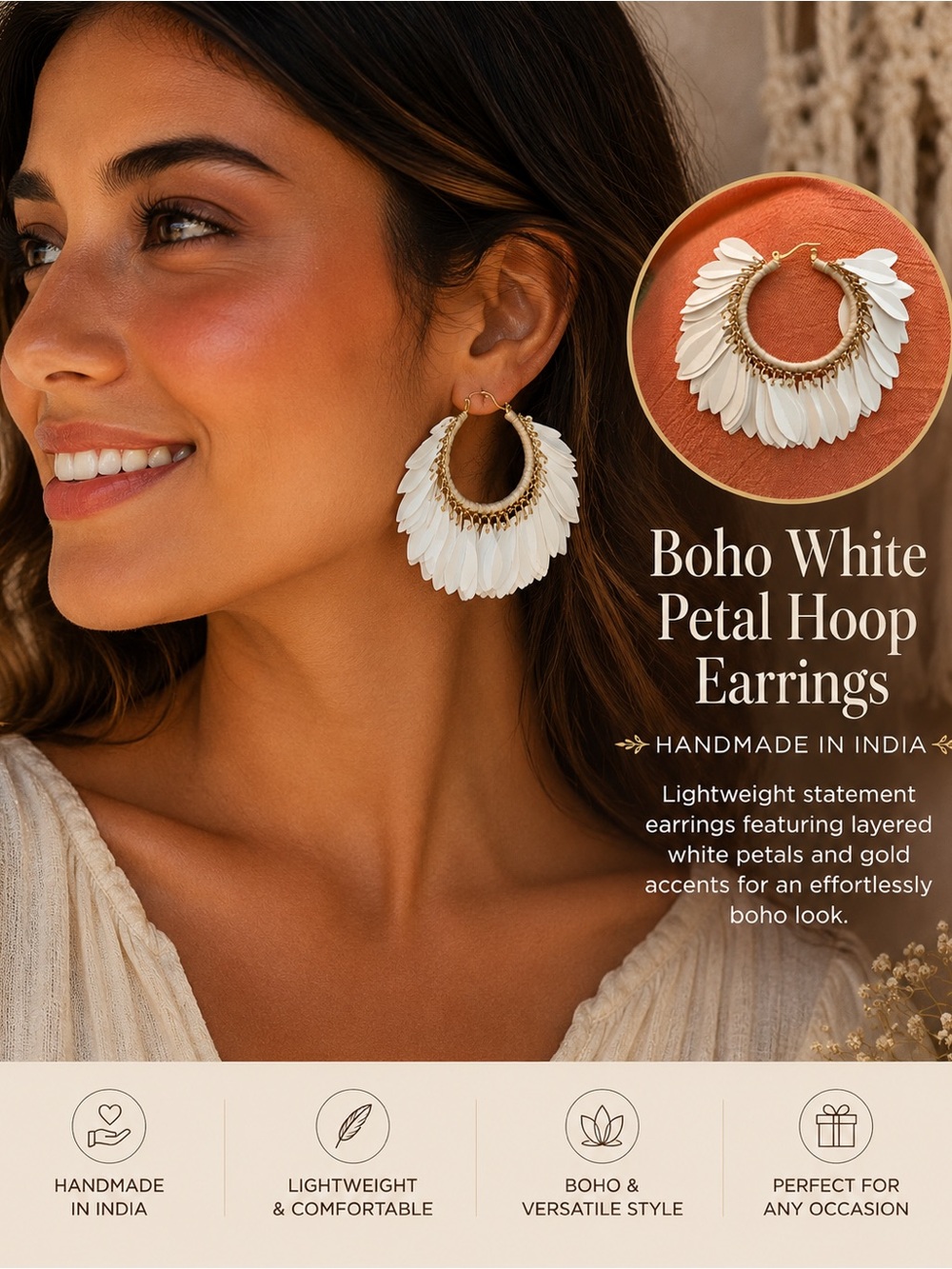 Handmade in India White Petal Hoop Earrings | Boho Statement Earrings